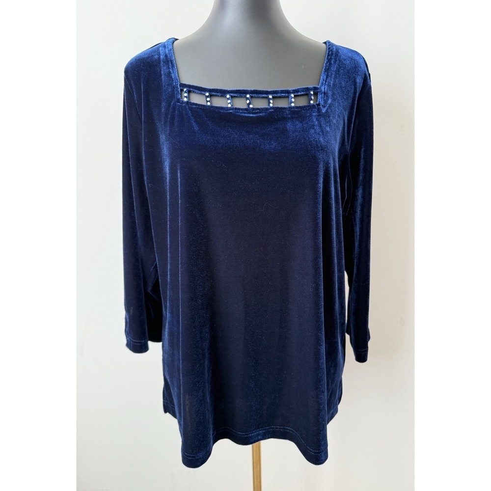 Quacker Factory Velvet Square Neck Pullover Top Blue Embellished Womens L NWOT
